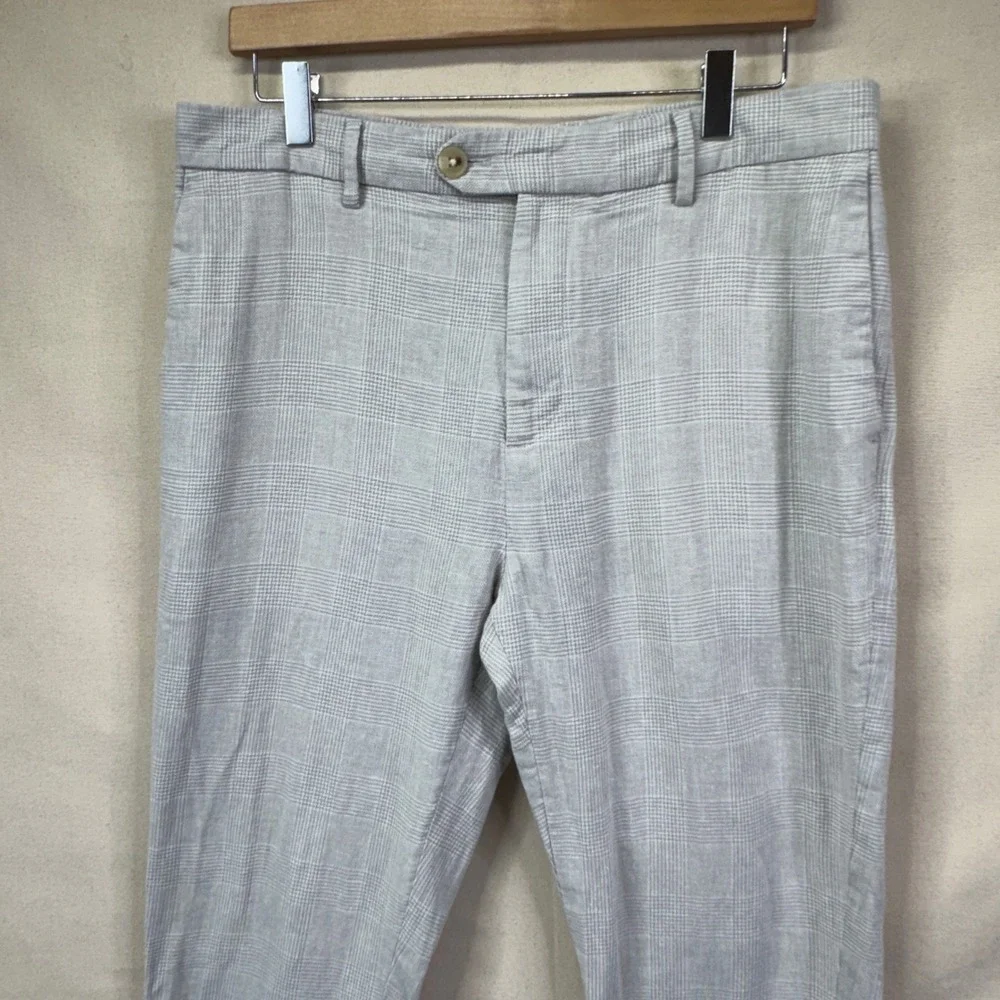 Banana Republic‎ Tailored Fit Pants 33x27 Grey Glen Plaid Linen Blend Preppy